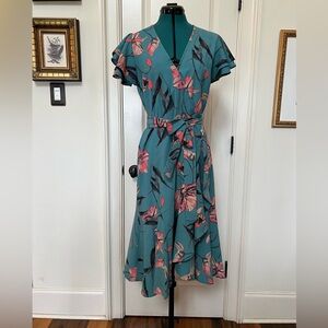 A New Day Floral Teal Faux Wrap Dress, Size M